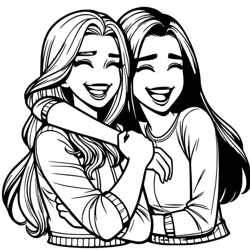 two realistic teenage girls side hugging and laughing