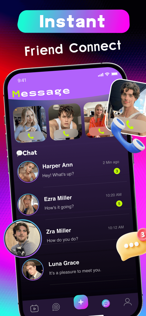 Fanliv: Girl Chat，Fun Show - Pantalla de la aplicación móvil Fanliv que muestra la lista de mensajes y los perfiles de amigos