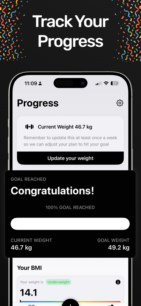 Optimeal: AI Calorie Counter - Una pantalla de aplicación móvil que muestra un panel de seguimiento del progreso de peso con una celebración de objetivo alcanzado y datos de IMC.