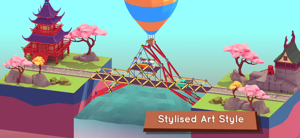 Bad Bridge - Un nivel de construcción de puentes low poly en Bad Bridge con un paisaje de inspiración asiática con pagodas y árboles de cerezo en flor.