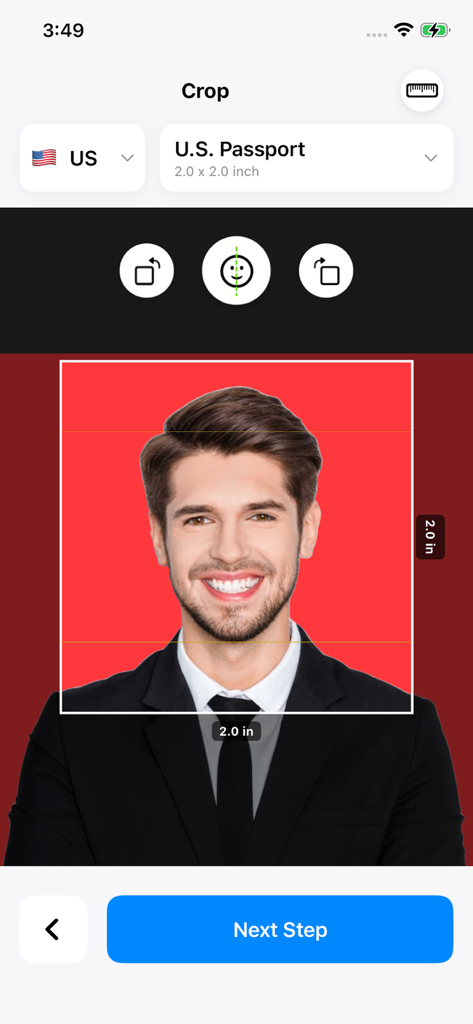 Zuschneideoberfläche für ein 2x2 Zoll großes US-Passfoto in der Passport Photo King App.