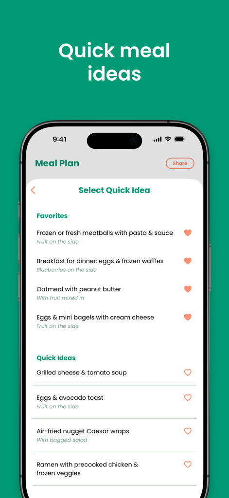 Feeding Littles - Easy Recipes - Una lista de ideas de comidas familiares rápidas y fáciles que se muestran en la interfaz de la aplicación Feeding Littles.