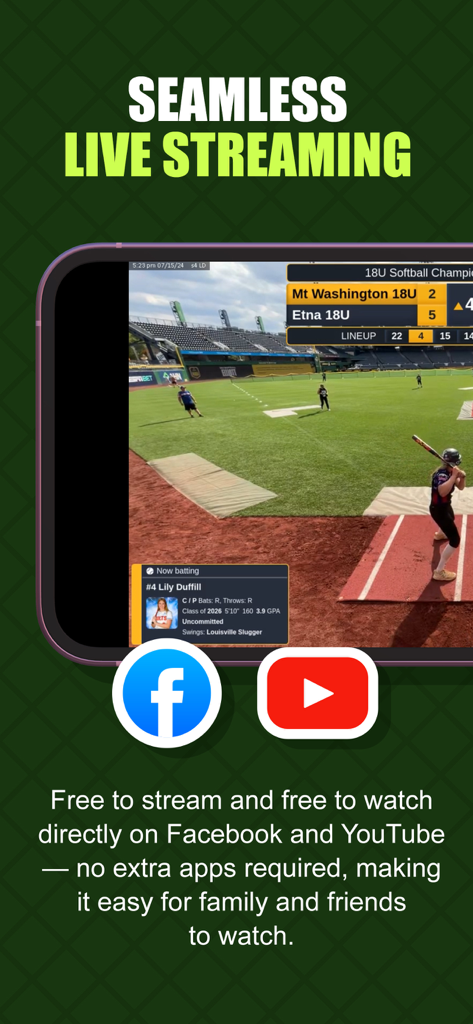 Interfaccia dell'app sidelineHD che mostra uno stream live di una partita di softball su Facebook e YouTube con tabellone segnapunti professionale e sovrapposizioni dei giocatori