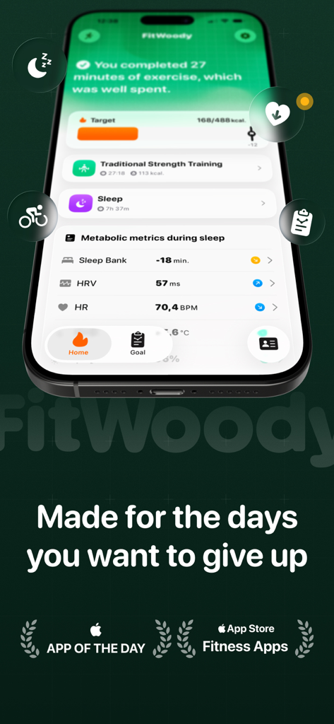 FitWoody: Health Tracker - Interface do aplicativo FitWoody health tracker mostrando métricas metabólicas, banco de sono e variabilidade da frequência cardíaca em um iPhone