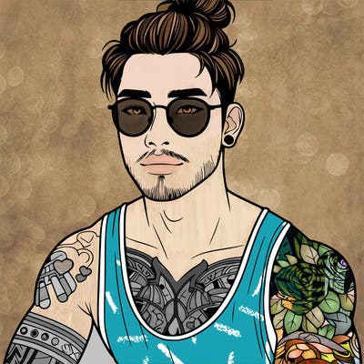 young attractive asian man with a man-bun, glasses, and tattoo's