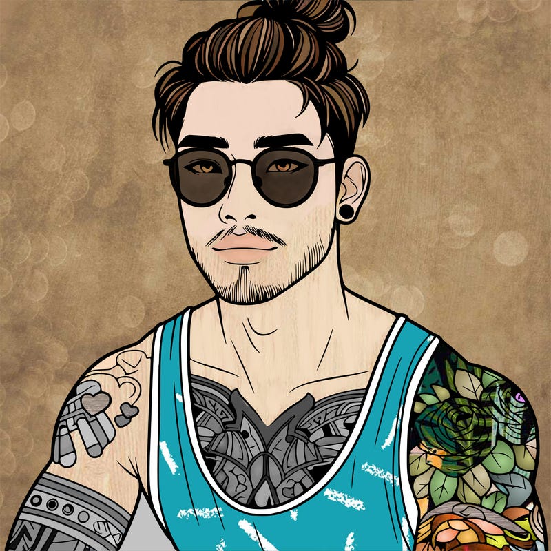 young attractive asian man with a man-bun, glasses, and tattoo's