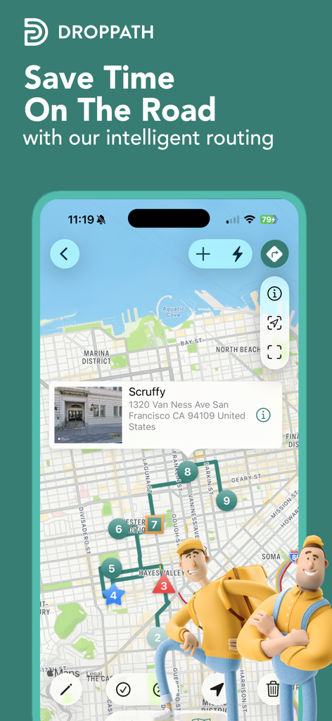 Droppath Route Planner - Interfaz de la aplicación Droppath Route Planner mostrando una ruta de entrega optimizada con pines numerados en un mapa.