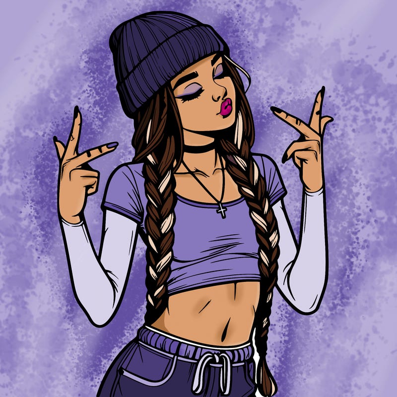 realistic teenage girl with braids and a beanie and crop top doing 🫶🏼
