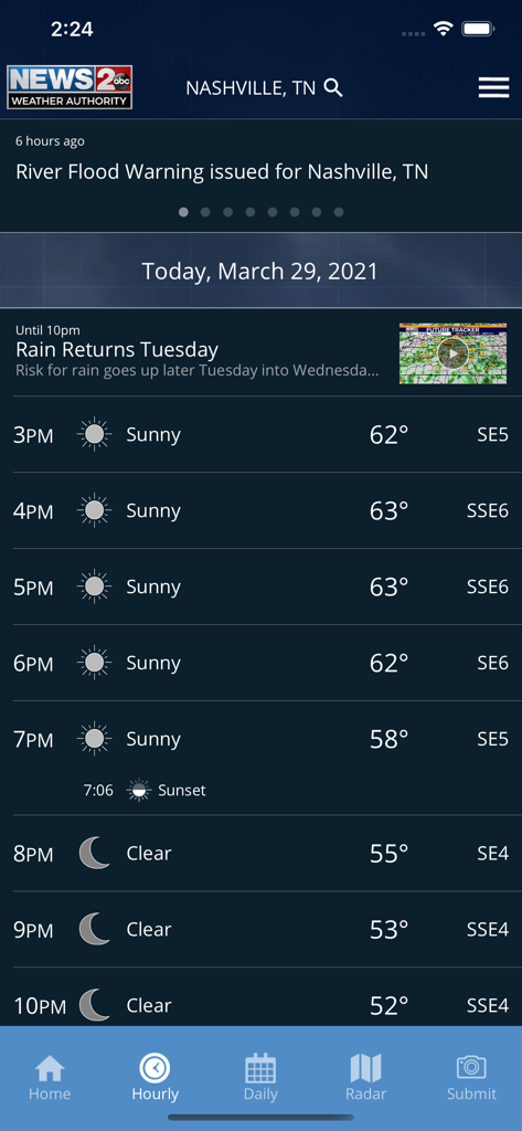 WKRN Weather Authority - Screenshot of the WKRN Weather Authority app showing the hourly forecast for Nashville.