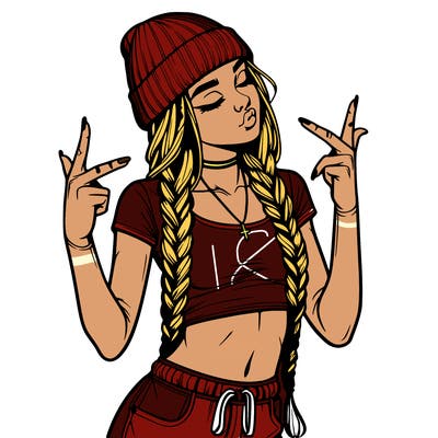 realistic teenage girl with braids and a beanie and crop top doing 🫶🏼