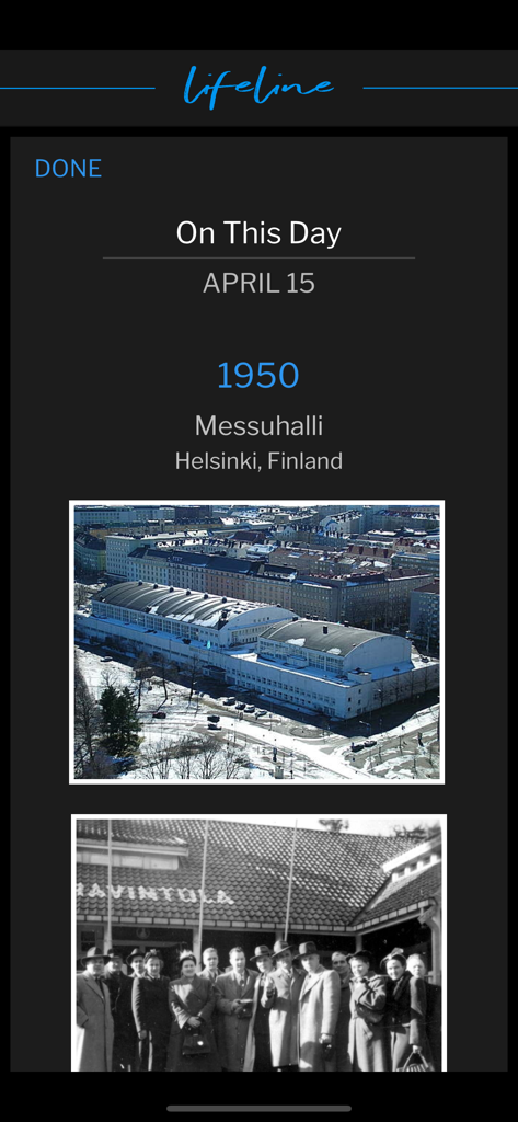 Screenshot of the VGR Lifeline app showing a historical event from April 15 1950 in Helsinki Finland