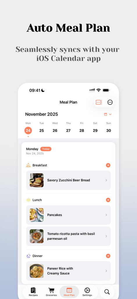 Recipe Notes - My Cookbook - Una interfaz de aplicación móvil que muestra un plan de comidas diario con recetas para el desayuno, almuerzo y cena integrado con un calendario
