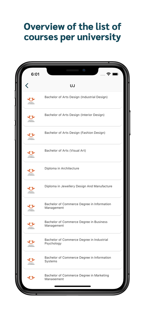 UniAPS - A list of university courses on the UniAPS mobile app interface