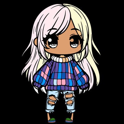 chibi girl with ripped jeans,long hair, and an oversized sweater