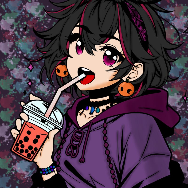 hot baddie anime girl drinking boba and biting the straw
