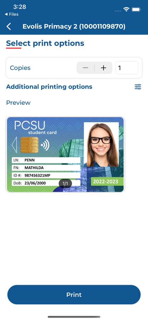 Evolis Print Service - 学生IDカードの印刷プレビューと設定を表示するEvolis Print Serviceアプリのインターフェイス。