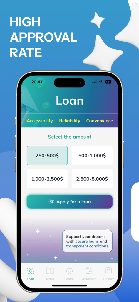 Instant Loan Hub アプリのインターフェース。ローン選択オプションと高い承認率のメッセージが表示されます。