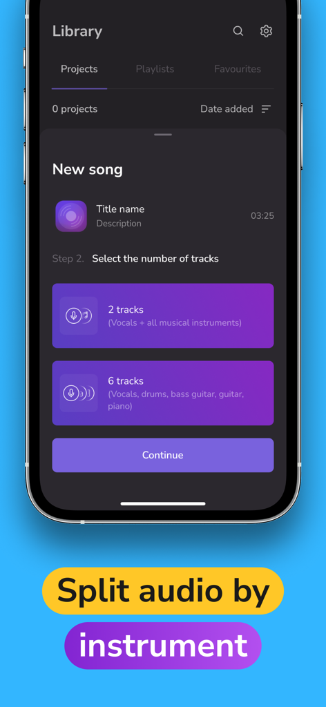 Vocal Remover AI-Remove Voice - Interface of the Vocal Remover AI app showing options to split a song into two or six separate audio tracks