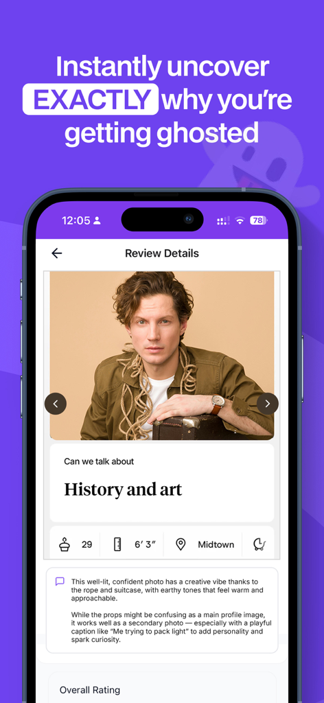 Review My Hinge - Mobile app screen showing a detailed dating profile photo review with written feedback