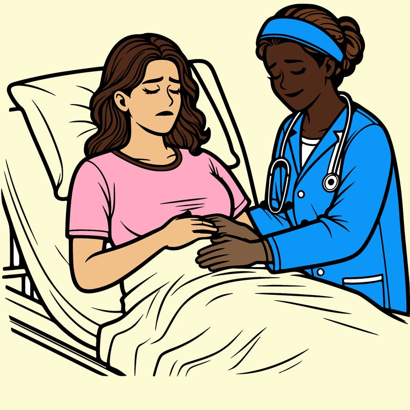 a woman on a hospital bed, giving birth in pain with nurse beside her realistic