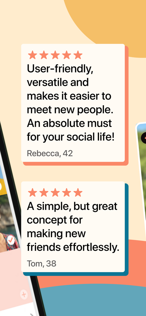 Two 5-star user reviews for the Meet5 app from Rebecca aged 42 and Tom aged 38 praising its ease of use for making friends