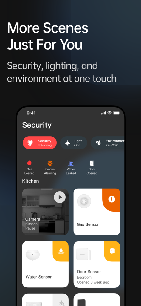 LifeSmart - LifeSmart app interface showing security scenes with camera view and home sensors