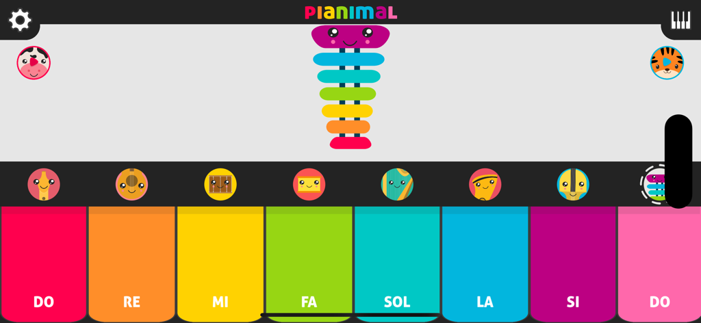 A colorful kids musical app interface featuring a piano scale and a cute xylophone character