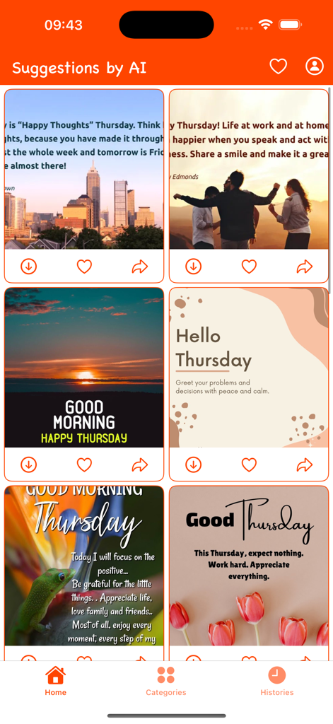 Good Morning & Good Night Love - Mobile app interface displaying a grid of AI generated Thursday greeting cards with inspirational quotes and nature backgrounds