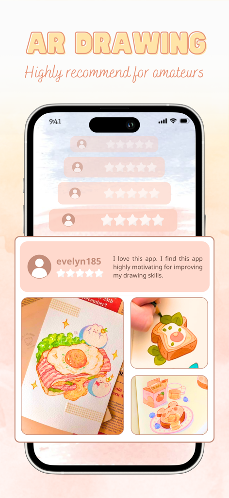 ARDrawing app user review showing 5 star rating and cute food illustrations