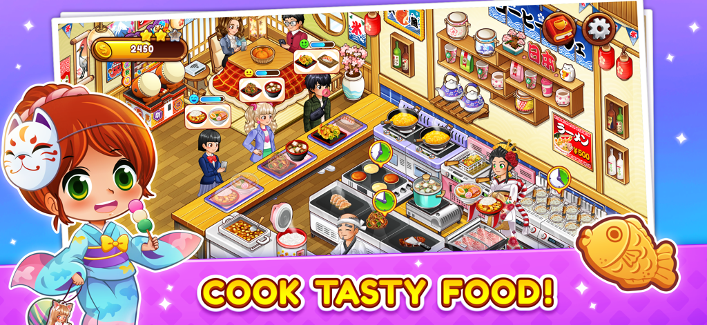 A vibrant Japanese themed kitchen in Cafe Panic showing chefs preparing traditional food like ramen and sushi for customers