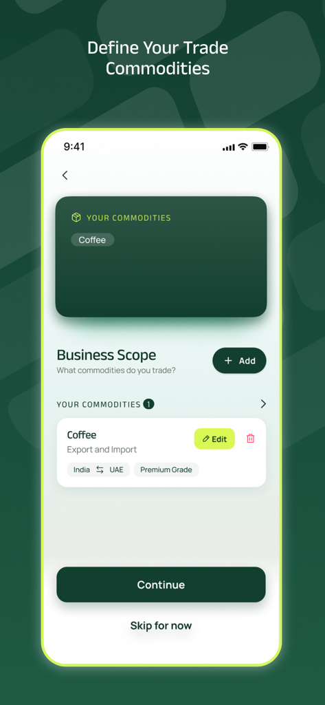Tradyon - Tradyon app screen for setting up business scope and selecting trade commodities