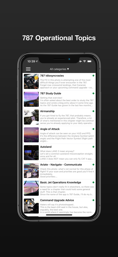 787 Guide - A list of Boeing 787 operational study topics including Autoland and Airmanship within the app