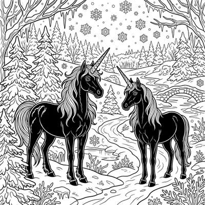 Enter a magical realm where two elegant black unicorns roam a serene winter wonderland. This captivating coloring page combines mythical beauty with the crisp charm of a snowy landscape.