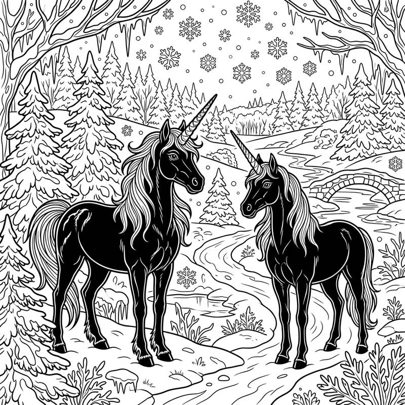 Enter a magical realm where two elegant black unicorns roam a serene winter wonderland. This captivating coloring page combines mythical beauty with the crisp charm of a snowy landscape.