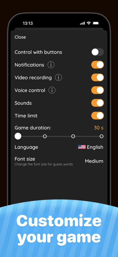 Settings screen for Headbands party game showing options for voice control and game duration
