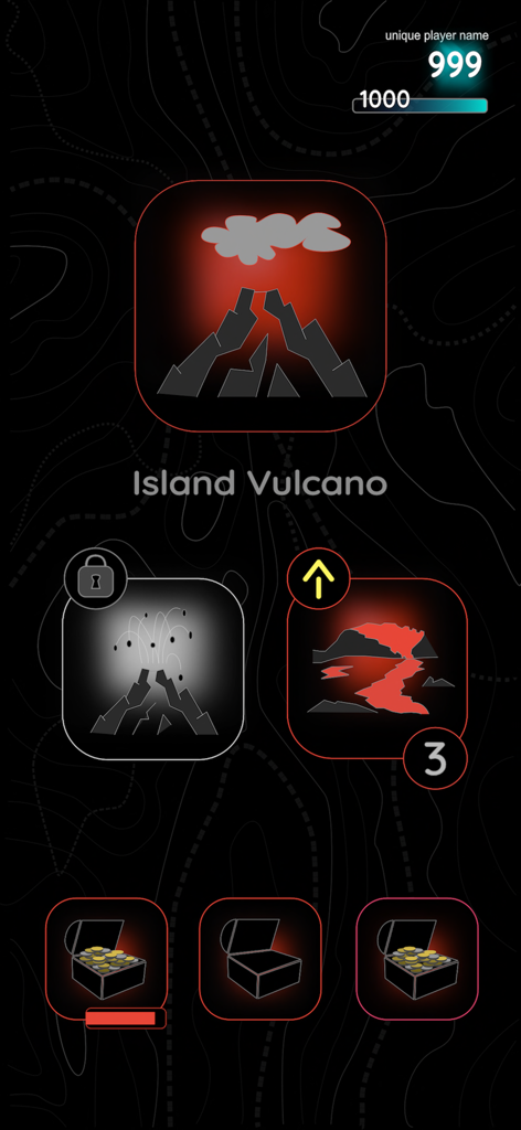 The game menu interface for Sonar Islands showing the Volcano Island with high contrast graphics and treasure chests