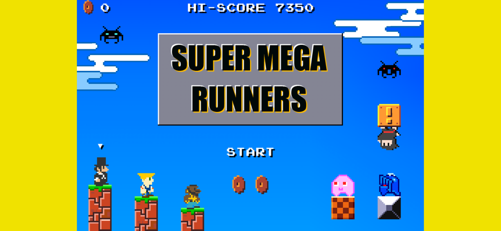 SUPER MEGA RUNNERS - Retro 8-bit style title screen of the Super Mega Runners mobile game featuring pixel art characters and platforms.