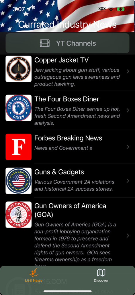Interfaz de la aplicación Plinkr que muestra una lista de canales de YouTube de noticias curadas de la industria como Copper Jacket TV y Gun Owners of America