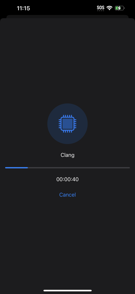 Geekbench 6 mobile app running a CPU benchmark test showing a progress bar and timer