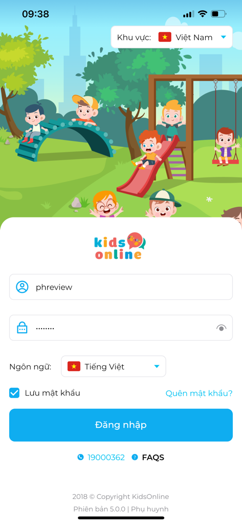 KidsOnline - KidsOnline mobile app login screen featuring a colorful illustration of children playing on a playground.