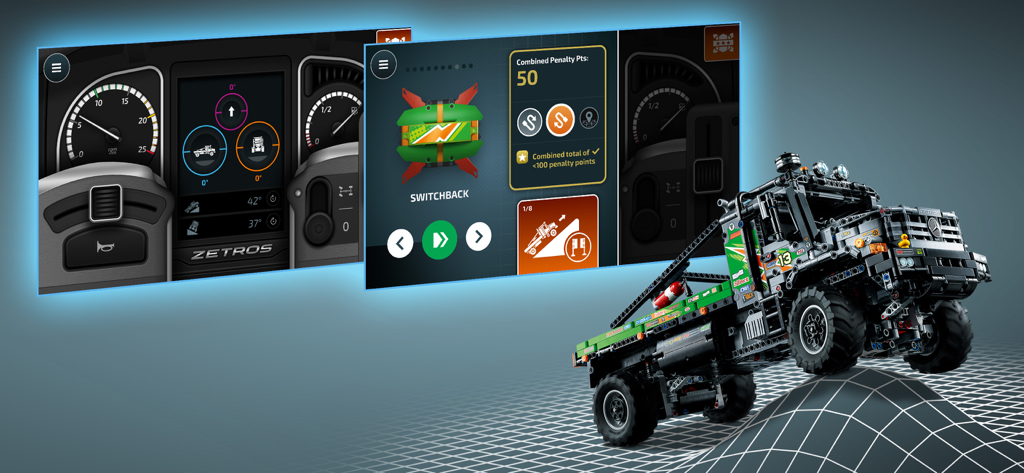 LEGO® TECHNIC® CONTROL+ - Interfaz de la aplicación LEGO Technic Control Plus que muestra el panel de control del camión y desafíos junto a un modelo físico Mercedes Benz Zetros de LEGO