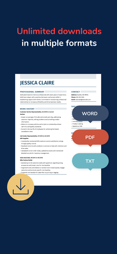 Resume showing download options for Word PDF and TXT formats