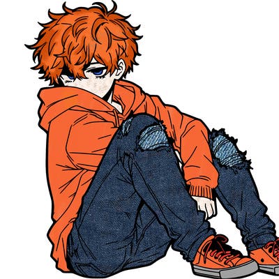 a male hoddie ripped jeans messy hair anime