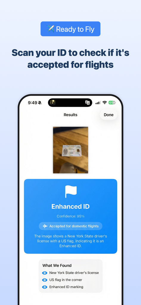 RealID Check - RealID Check app displaying a successful scan of an Enhanced ID accepted for domestic flights
