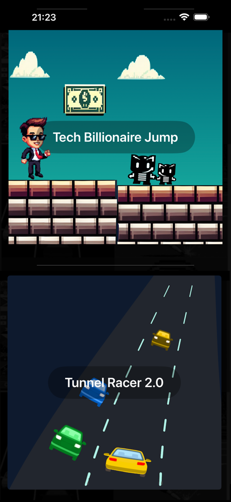 20 Mini Games: Watch & Phone - Screenshot showing Tech Billionaire Jump and Tunnel Racer 2.0 mini games