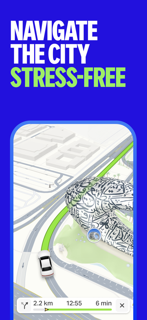 Yango Maps - Yango Maps app showing 3D navigation and car route in Dubai