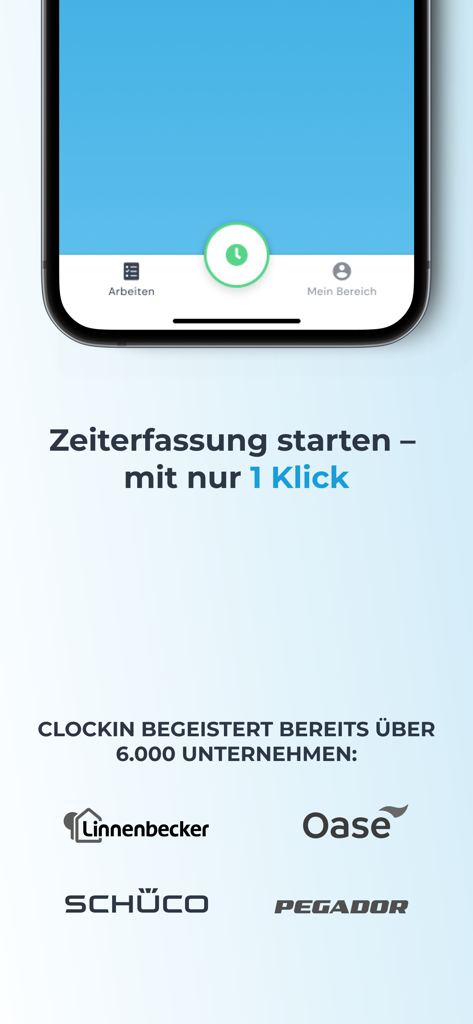 clockin – Zeiterfassung - Clockin mobile app screen showing one-click time tracking feature and partner company logos