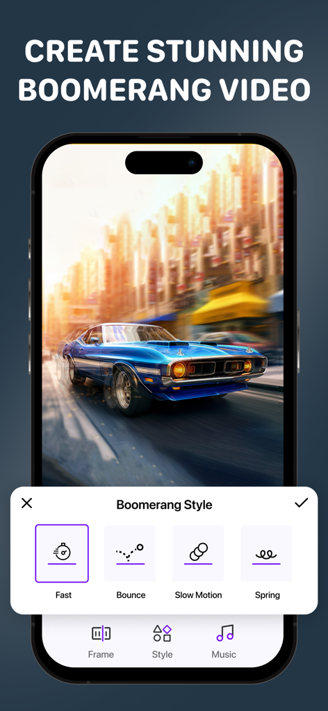 Video Editor - Movie Maker Pro - ビデオエディターアプリで「ファスト」や「バウンス」などのさまざまなブーメランスタイルを表示しているスマートフォンの画面