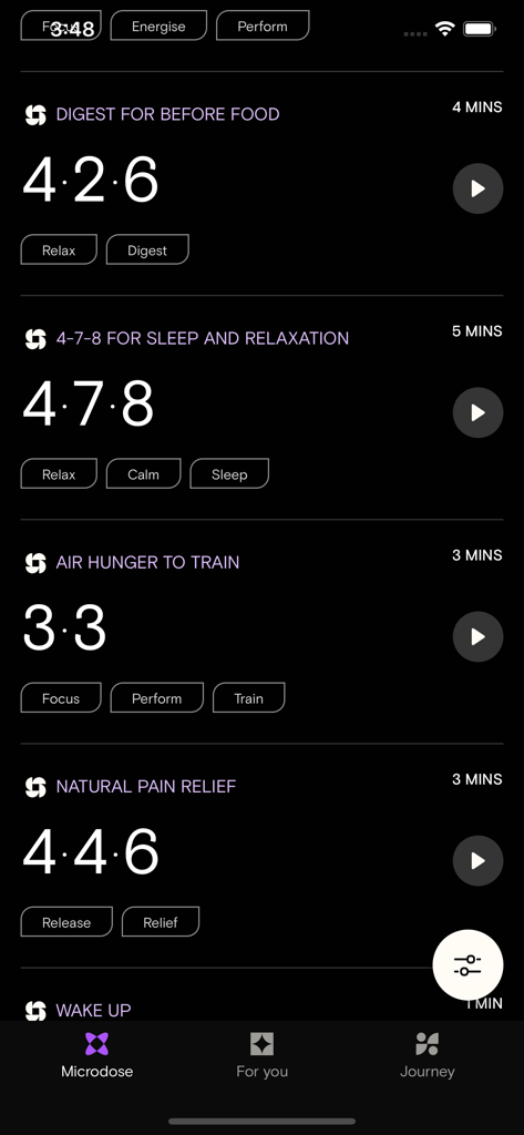 VANA - VANAアプリのインターフェースにある、科学に基づいた呼吸マイクロドーズセッションのミニマリストなリスト。