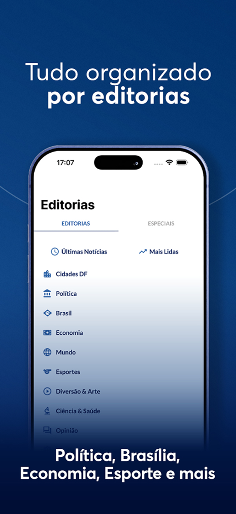 Correio Braziliense - Tela do aplicativo móvel mostrando categorias de notícias para o Correio Braziliense, incluindo Política e Economia.